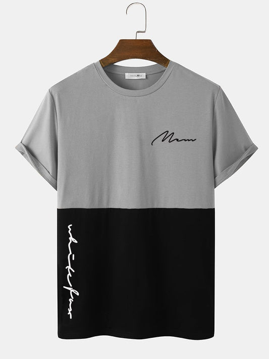 Men's Script Print Two-Tone Stitching T-Shirt | Casual Short Sleeve Style