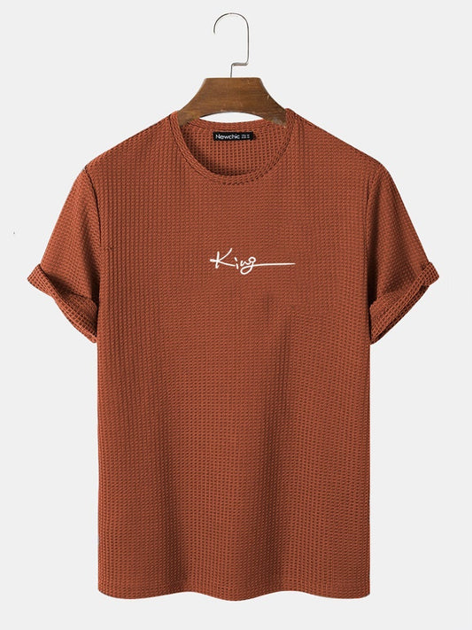 Men's King Letter Embroidery T-Shirt | Casual Knitted Texture Short Sleeve