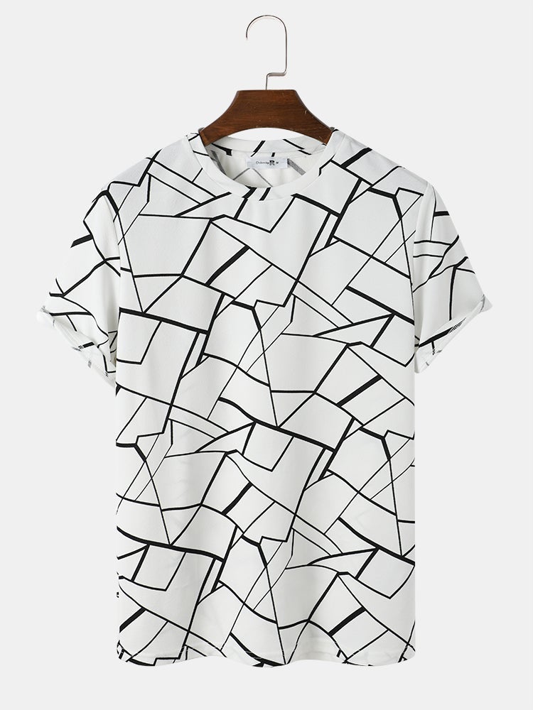 Men's All-Over Geometric Lines Print T-Shirt | White Crew Neck Short Sleeve