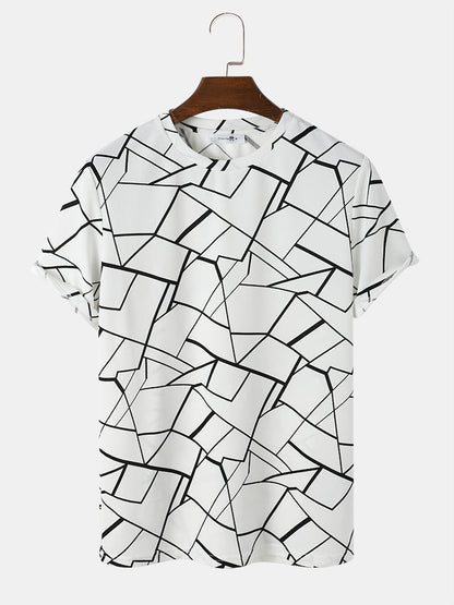 Men's All-Over Geometric Lines Print T-Shirt | White Crew Neck Short Sleeve