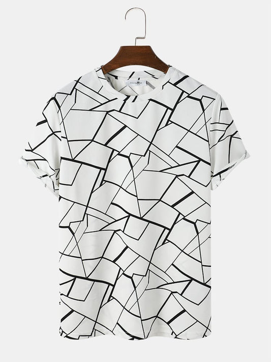 Men's All-Over Geometric Lines Print T-Shirt | White Crew Neck Short Sleeve