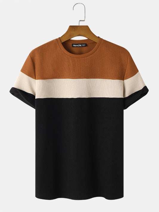 Preppy Men's Patchwork T-Shirt | Plain Color Crew Neck Short Sleeve Style
