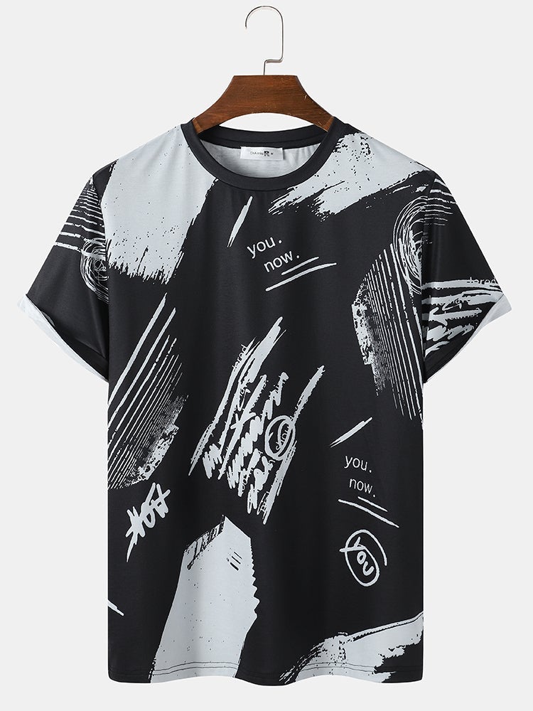 Men's Letter Graffiti T-Shirt | Black Crew Neck Short Sleeve Style