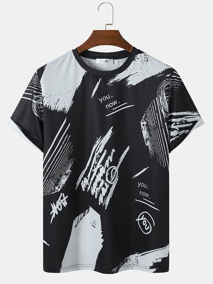 Men's Letter Graffiti T-Shirt | Black Crew Neck Short Sleeve Style