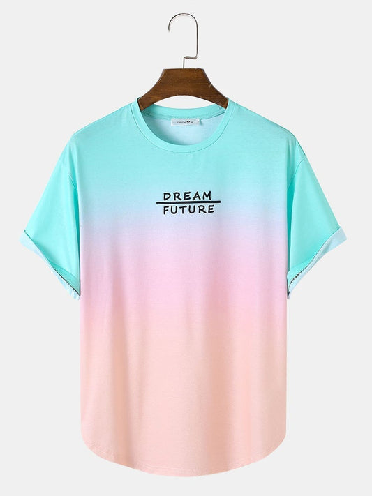Men's Colorful Ombre Letter Print T-Shirt | Loose Fit Curved Hem Short Sleeve