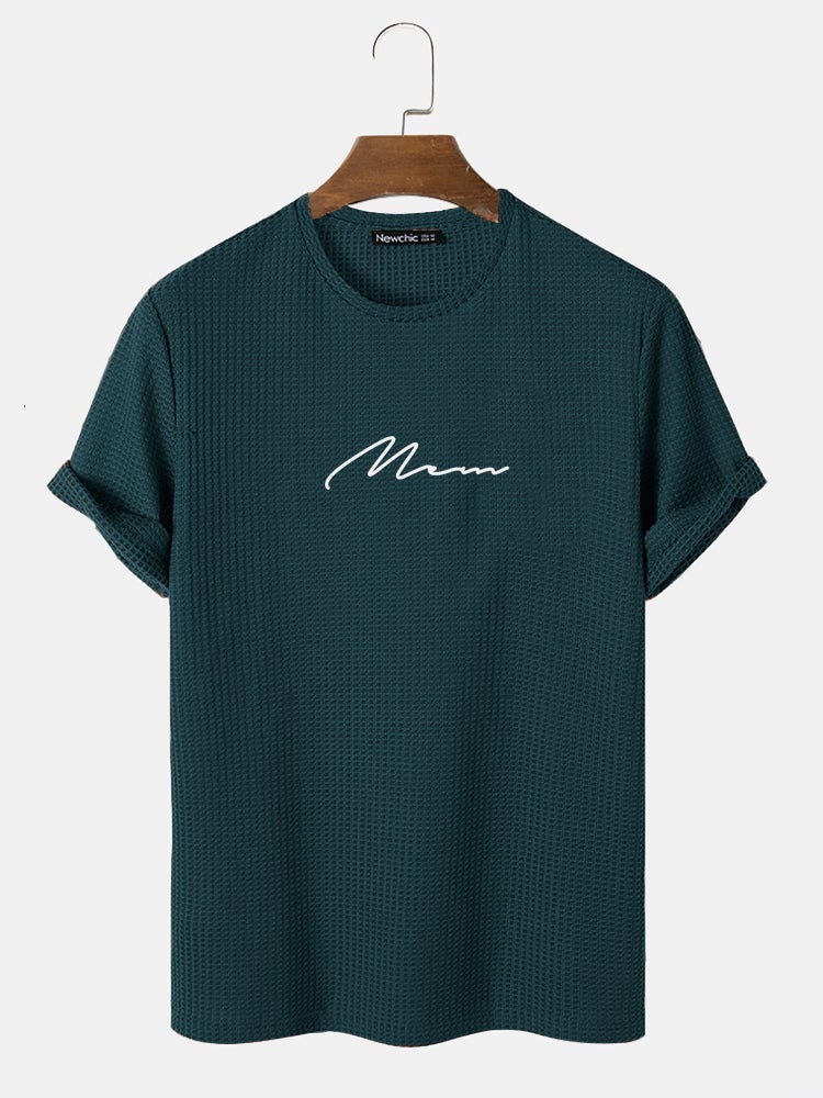 Men's Script Embroidered T-Shirt | Knit Texture Casual Short Sleeve Style