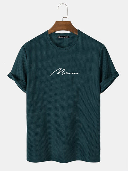 Men's Script Embroidered T-Shirt | Knit Texture Casual Short Sleeve Style