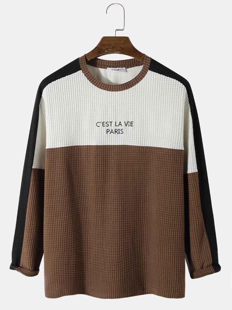 Men's Letter Embroidered Patchwork Plaid Polar Fleece T-Shirt | Overhead Long Sleeve Style