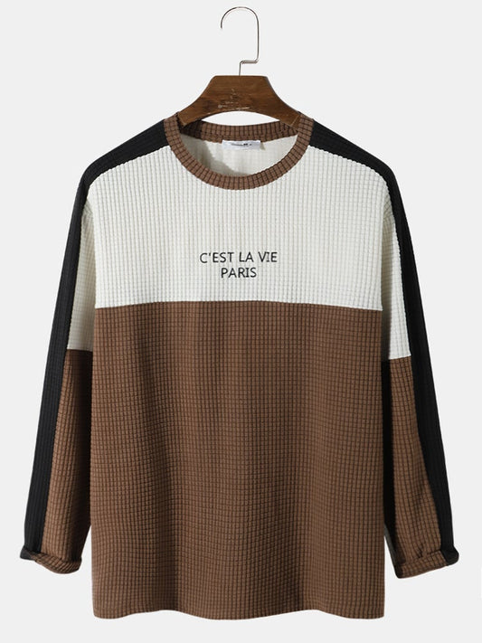 Men's Letter Embroidered Patchwork Plaid Polar Fleece T-Shirt | Overhead Long Sleeve Style