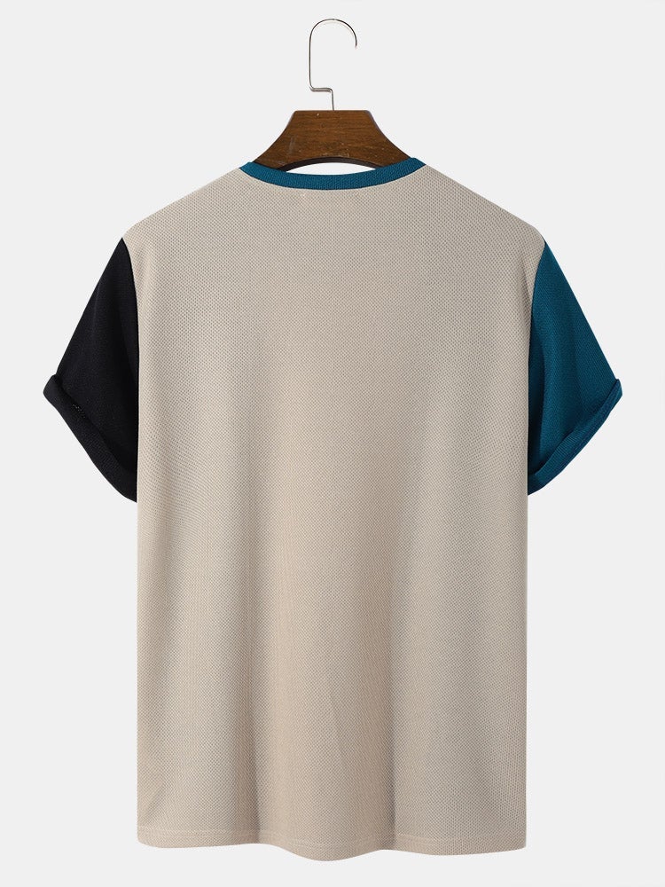 Men's Block Stripe Patchwork T-Shirt | Embroidered Knit Short Sleeve Preppy Style