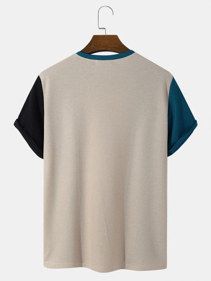 Men's Block Stripe Patchwork T-Shirt | Embroidered Knit Short Sleeve Preppy Style
