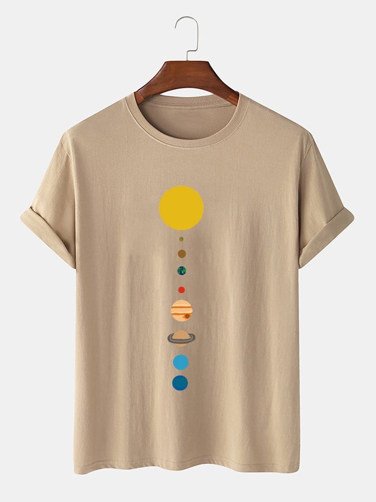 Men's 100% Cotton Cartoon Planet Print T-Shirt | Solid Thin Loose O-Neck Design