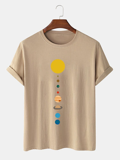 Men's 100% Cotton Cartoon Planet Print T-Shirt | Solid Thin Loose O-Neck Design