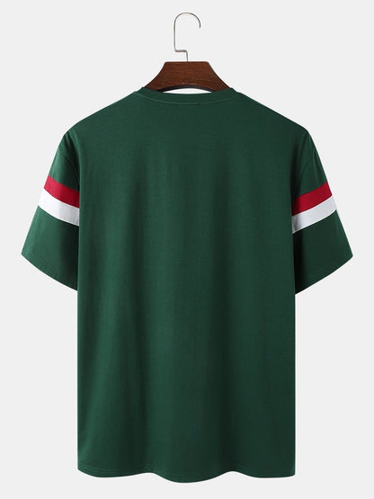 Men's Stripe Spliced Embroidered T-Shirt | Loose Varsity Short Sleeve Style