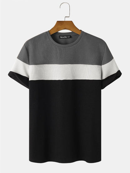 Preppy Men's Patchwork T-Shirt | Plain Color Crew Neck Short Sleeve Style