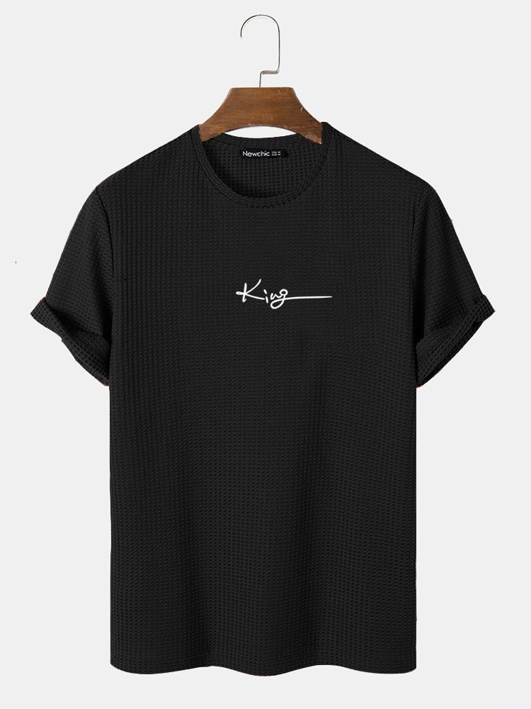 Men's King Letter Embroidery T-Shirt | Casual Knitted Texture Short Sleeve