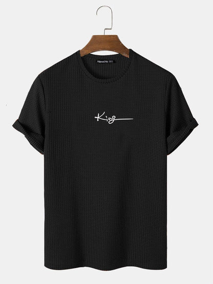 Men's King Letter Embroidery T-Shirt | Casual Knitted Texture Short Sleeve