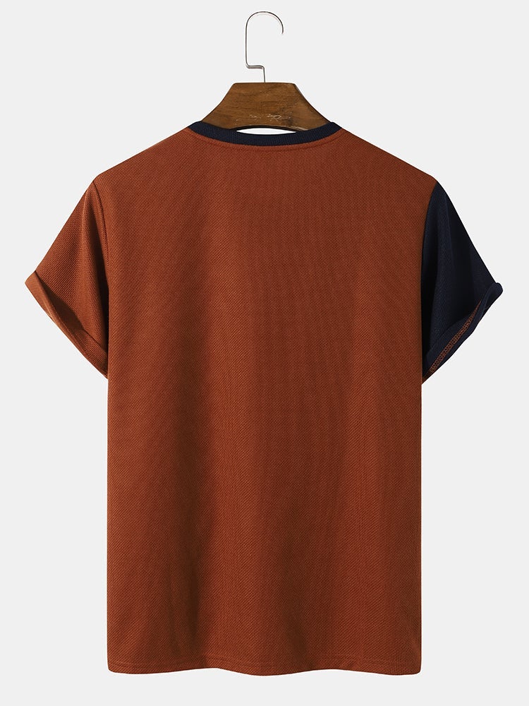Men's Knit Irregular Color Block T-Shirt | Preppy Stitching Short SleeveMen's Knit Irregular Color Block T-Shirt | Preppy Stitching Short Sleeve