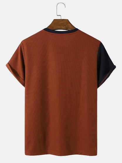 Men's Knit Irregular Color Block T-Shirt | Preppy Stitching Short SleeveMen's Knit Irregular Color Block T-Shirt | Preppy Stitching Short Sleeve