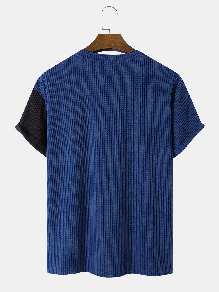Men's Contrasting Colors Plaid Patchwork T-Shirt | Polar Fleece Texture Short Sleeve