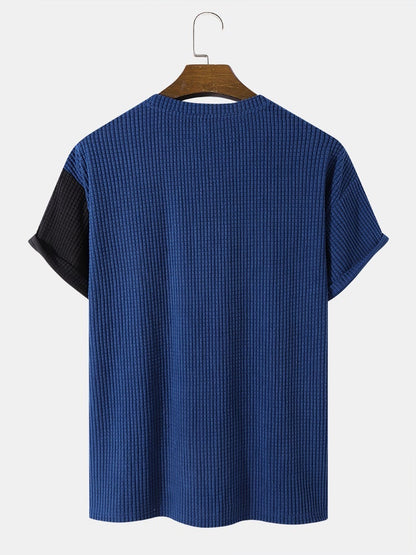 Men's Contrasting Colors Plaid Patchwork T-Shirt | Polar Fleece Texture Short Sleeve
