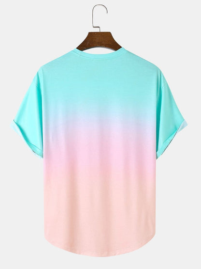 Men's Colorful Ombre Letter Print T-Shirt | Loose Fit Curved Hem Short Sleeve