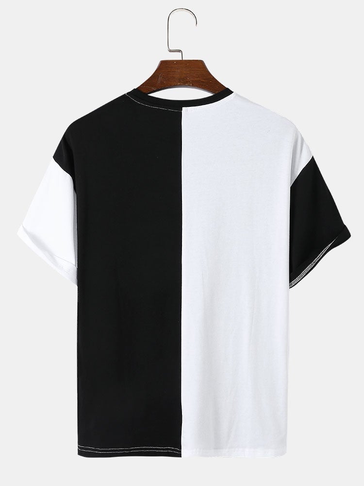 Men's Two-Tone Patchwork T-Shirt | Funny Face Print Preppy Short Sleeve