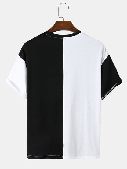 Men's Two-Tone Patchwork T-Shirt | Funny Face Print Preppy Short Sleeve