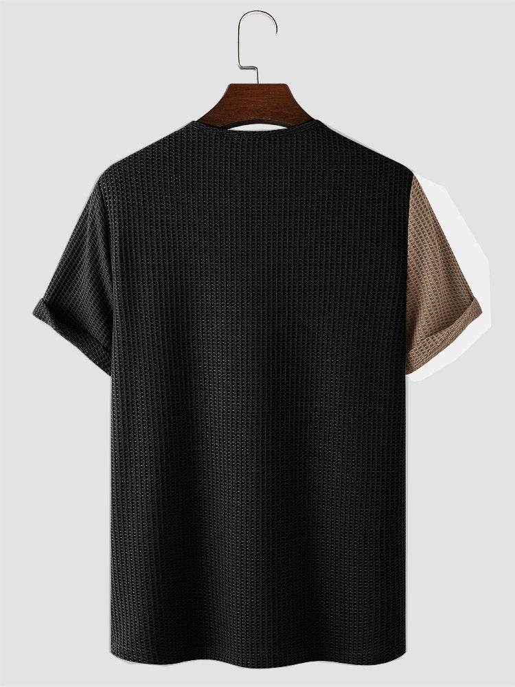 Men's Two-Tone Stitching Knitted Button T-Shirt | Short Sleeve Style