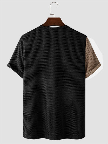 Men's Two-Tone Stitching Knitted Button T-Shirt | Short Sleeve Style
