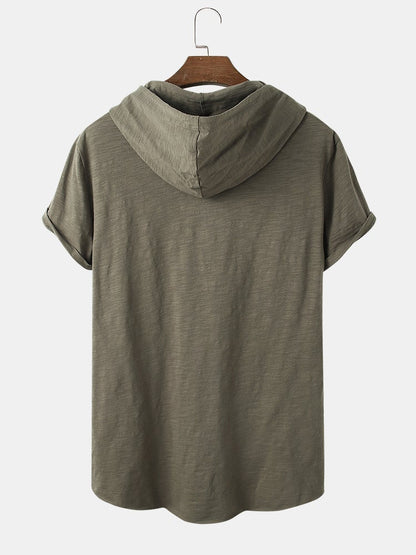 Men's Solid Color Drawstring Hooded T-Shirt | 100% Cotton Short Sleeve Style