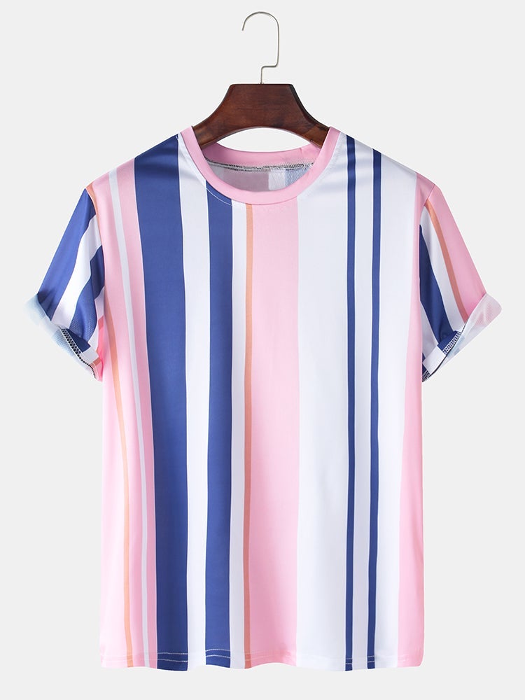 Men's Vertical Stripes Print T-Shirt | Loose Casual Breathable Round Neck Style