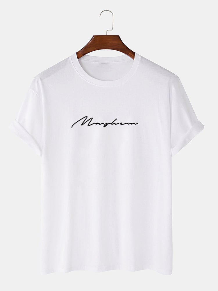 Men's 100% Cotton Letter Script Print T-Shirt | Casual Short Sleeve Style