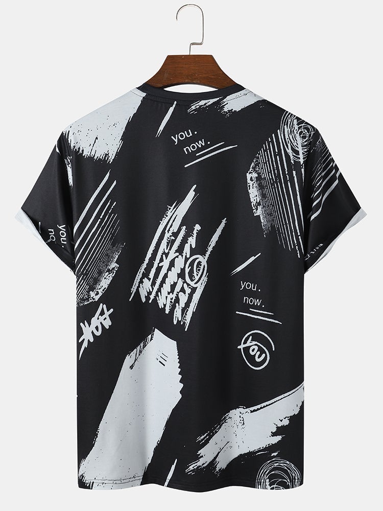 Men's Letter Graffiti T-Shirt | Black Crew Neck Short Sleeve Style