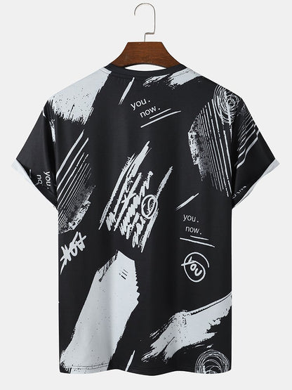 Men's Letter Graffiti T-Shirt | Black Crew Neck Short Sleeve Style