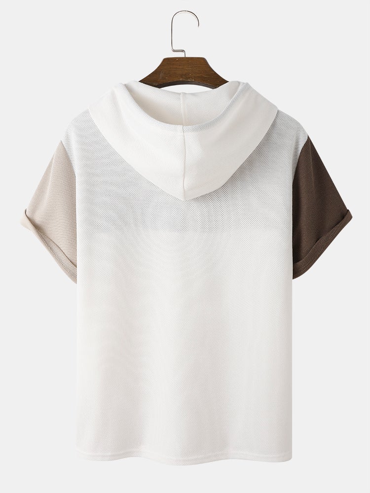 Men's Waffle Knit Color Block T-Shirt | Loose Patchwork Short Sleeve Hooded Style