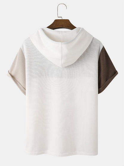 Men's Waffle Knit Color Block T-Shirt | Loose Patchwork Short Sleeve Hooded Style