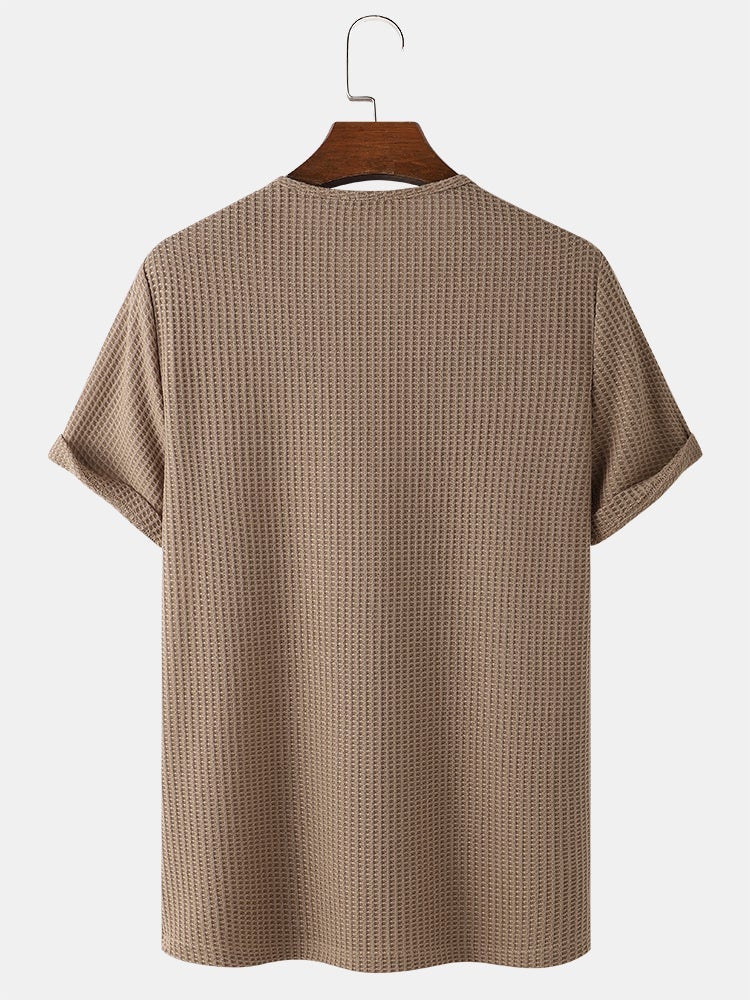 Men's Knitted Waffle T-Shirt | Solid Color Casual Short Sleeve Style