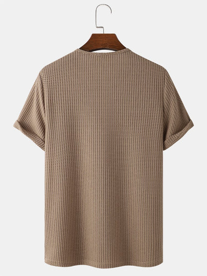 Men's Knitted Waffle T-Shirt | Solid Color Casual Short Sleeve Style