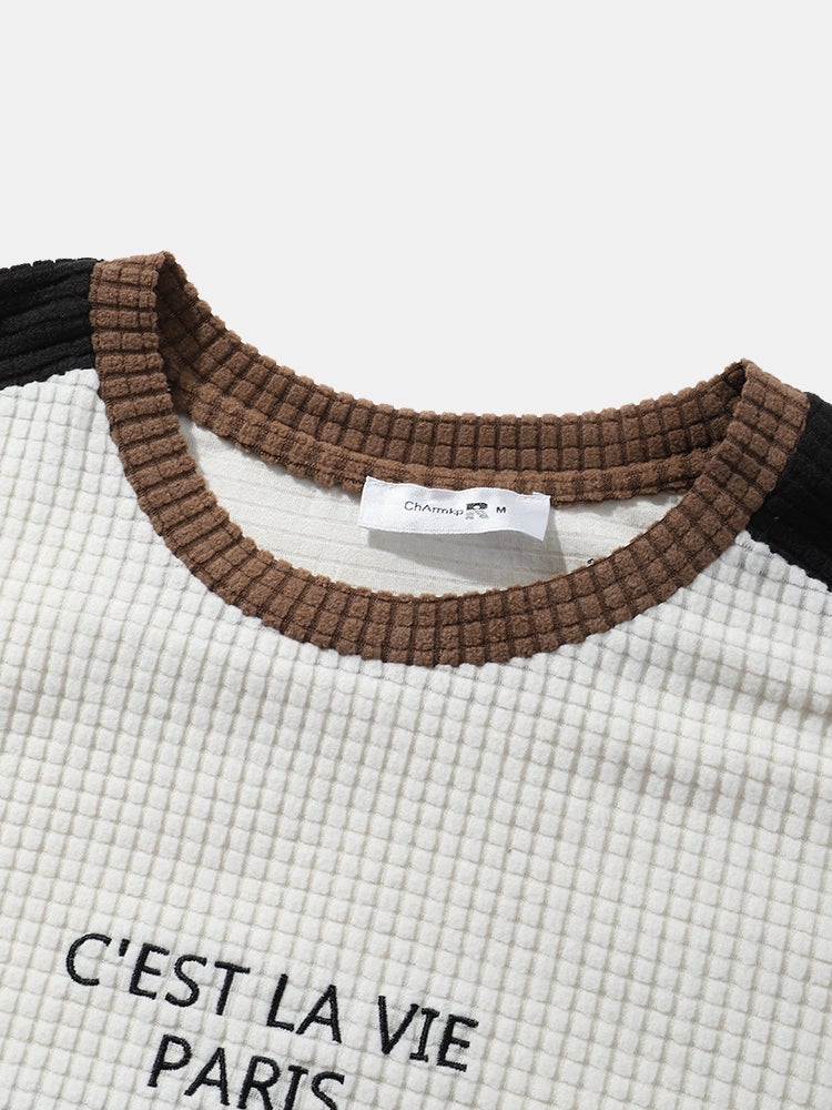 Men's Letter Embroidered Patchwork Plaid Polar Fleece T-Shirt | Overhead Long Sleeve Style