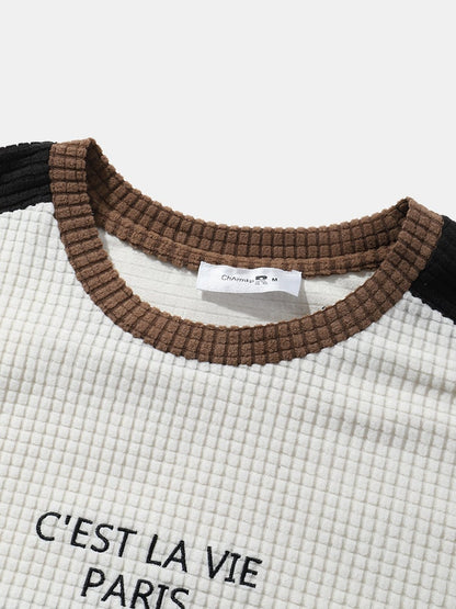 Men's Letter Embroidered Patchwork Plaid Polar Fleece T-Shirt | Overhead Long Sleeve Style