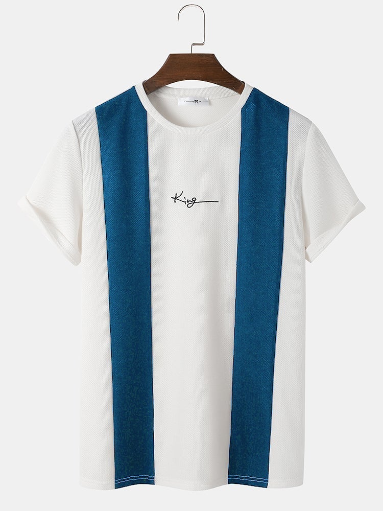 Men's Knit Two-Tone Patchwork T-Shirt | Embroidered Preppy Short Sleeve Style