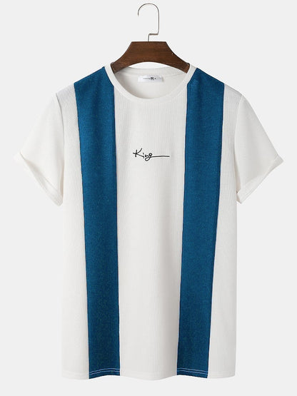 Men's Knit Two-Tone Patchwork T-Shirt | Embroidered Preppy Short Sleeve Style