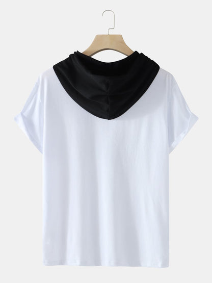 Men's Two-Tone Cotton T-Shirt | Casual Short Sleeve with Drawstring Hood