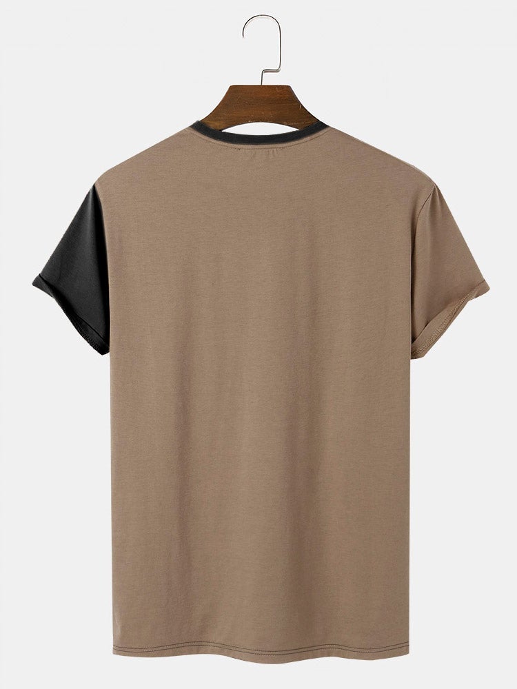 Men's Letter Embroidered Colorblock T-Shirt | Street Style Short Sleeve Patchwork