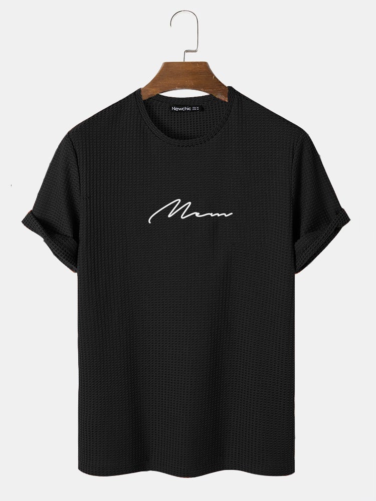 Men's Script Embroidered T-Shirt | Knit Texture Casual Short Sleeve Style