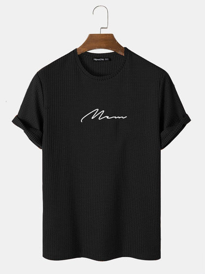 Men's Script Embroidered T-Shirt | Knit Texture Casual Short Sleeve Style