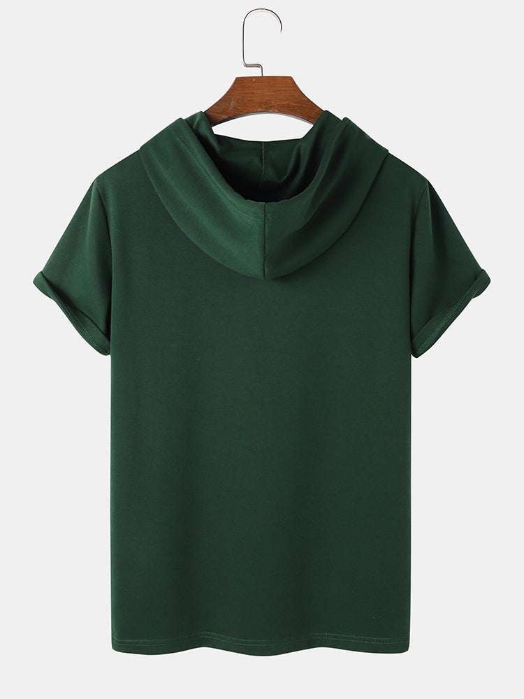 Men's Solid Color Casual T-Shirt | Short Sleeve Drawstring Hooded Style