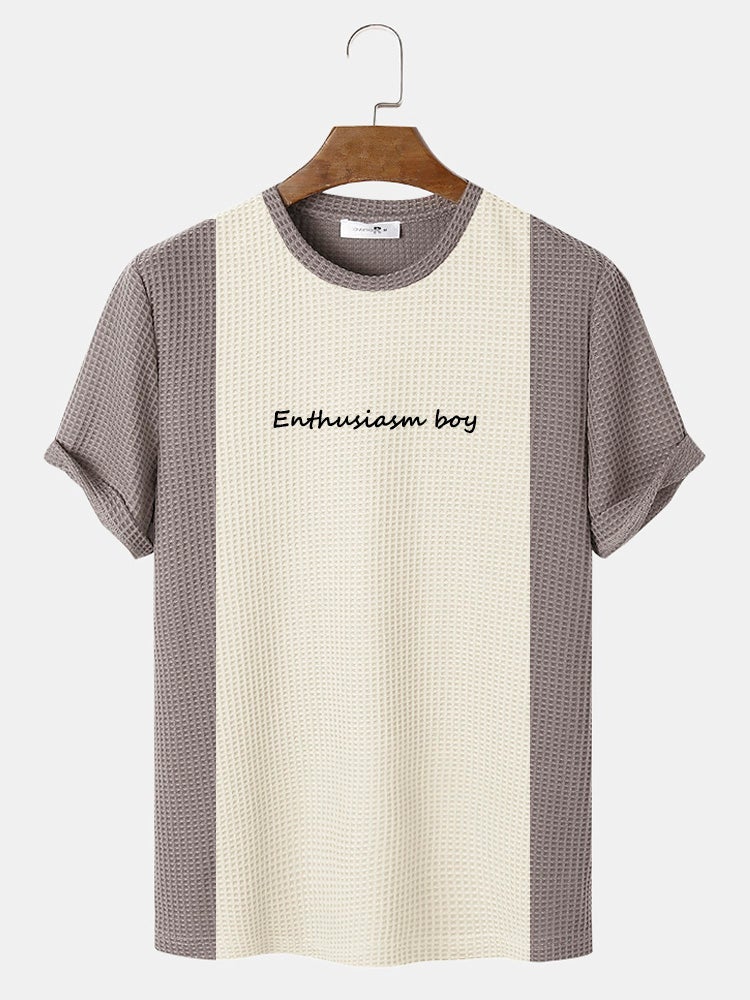 Men's Knitted Stitching Letter Embroidery T-Shirt | Crew Neck Short Sleeve Style