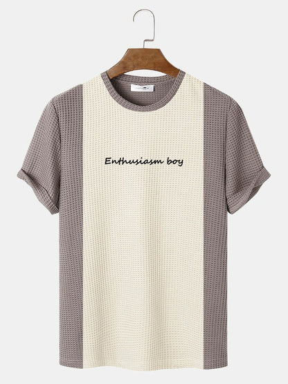 Men's Knitted Stitching Letter Embroidery T-Shirt | Crew Neck Short Sleeve Style